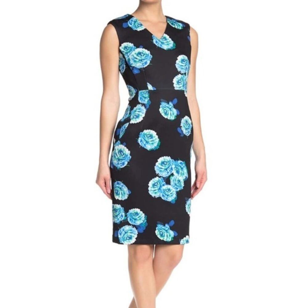 Tahari Floral Sheath Dress Black Blue Size M Back Zipper Work Evening